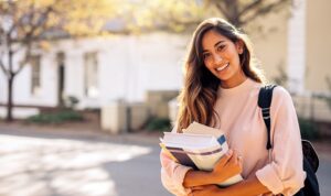 Estudiante universitario con mochila y libros al aire libre en el campus universitario